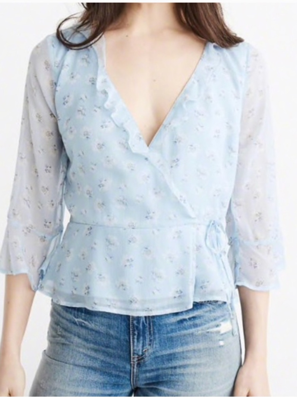 Abercrombie & Fitch Chiffon Wrap Blouse Blue Floral Ruffle Feminine Size XS